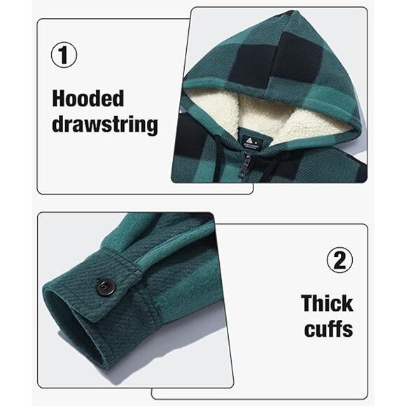 V VALANCH Mens Flannel Jacket with Hood Sherpa Lined Fleece Jacket Men Zip Up - Picture 2 of 4
